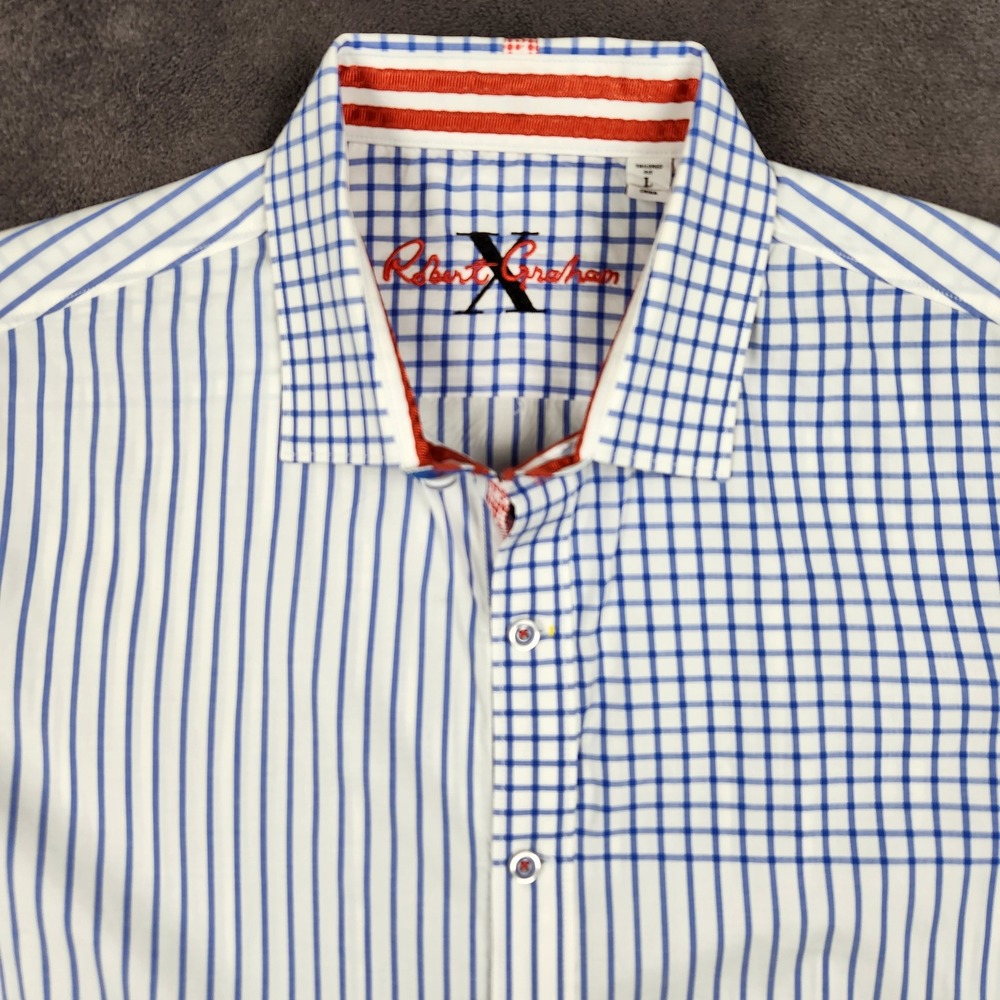 Robert Graham Shirt Mens Large Blue White Striped Check Tailored Button Up